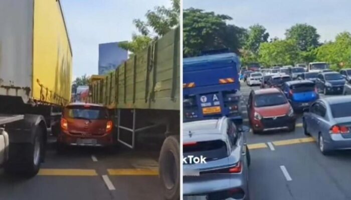 Pemobil Nekat Lawan Arus pas Lagi Macet: Tabrak Vios-Endingnya Nyangkut di Truk, Ini Akibatnya!