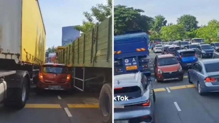 Pemobil Nekat Lawan Arus pas Lagi Macet: Tabrak Vios-Endingnya Nyangkut di Truk, Ini Akibatnya!